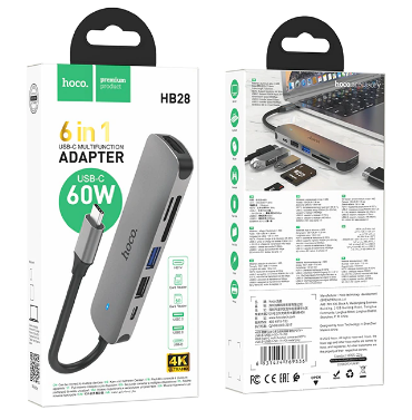 фото Переходник Hoco (HB28) Type-C на HDMI/USB3.0/USB2.0/USB-C/MicroSD/SD (Metal Gray)